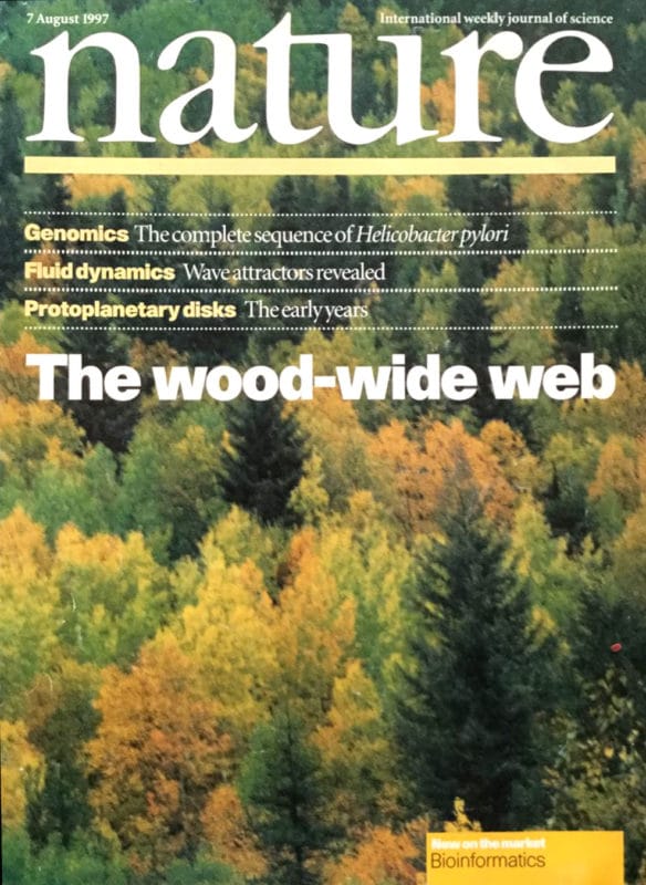 Cover of 1997 Nature featuring Wood-Wide Web article
